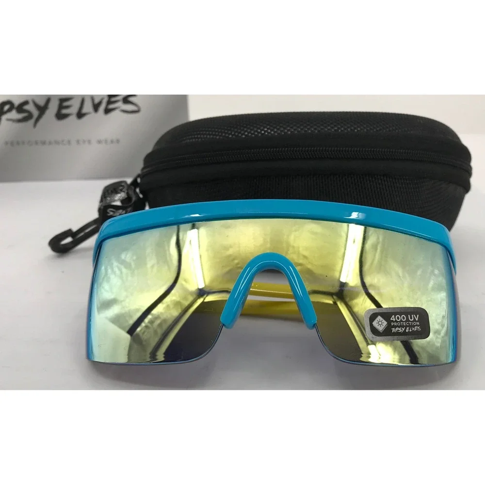 Tipsy Elves Retro Shield Sunglasses Blue‎ Yellow UV400 Performance Eyewear Case